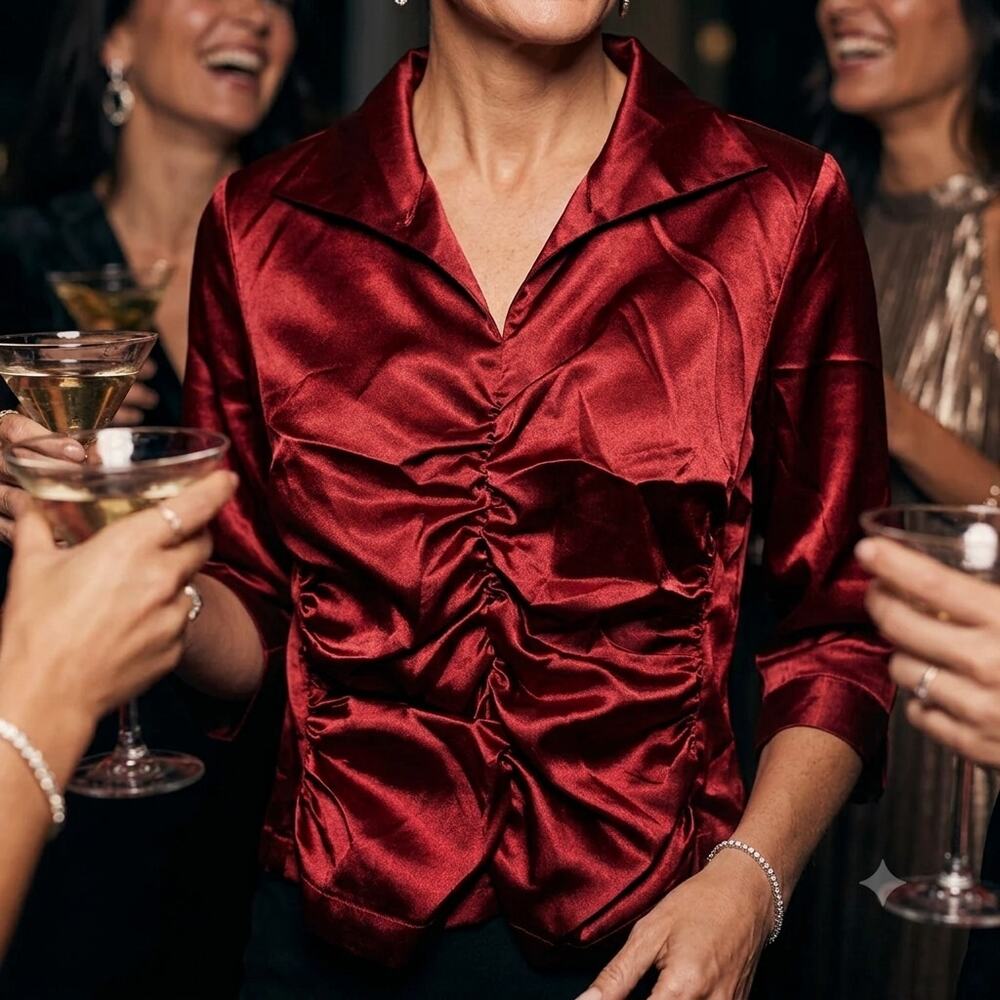 JS Boutique VTG Red Iridescent Taffeta Blouse XS Ruched V-Neck Formal Party Top